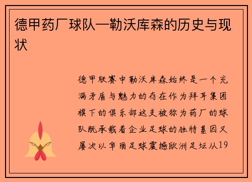 德甲药厂球队—勒沃库森的历史与现状