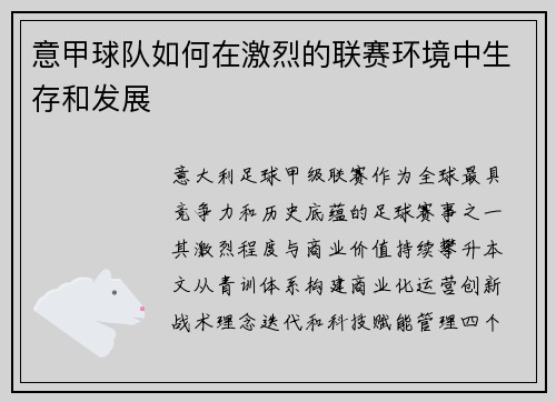 意甲球队如何在激烈的联赛环境中生存和发展